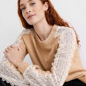 Loft Lace Sleeve Sweater Warm Sand Heather Womens Size Medium New Pullover